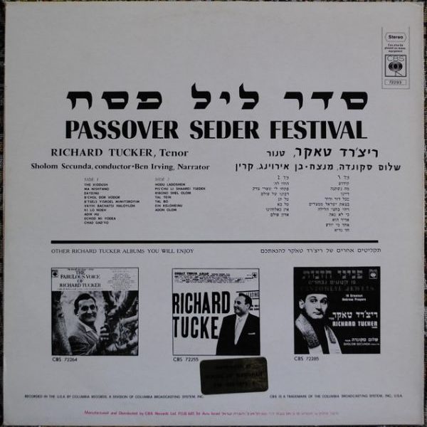 Richard Tucker - PASSOVER SEDER FESTIVAL  Shalom Secunda Jewish traditional