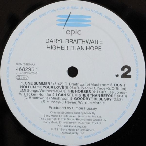 Daryl Braithwaite ‎– Higher Than Hope