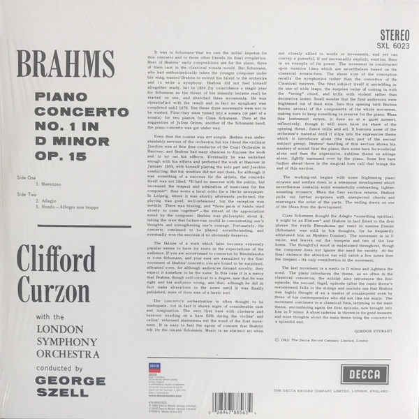 Johannes Brahms, Clifford Curzon, George Szell, The London Symphony Orchestra ‎– Piano Concerto No. 1 in D Minor Op. 15 ( 180g )