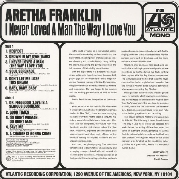 Aretha Franklin ‎– I Never Loved A Man The Way I Love You ( 180g )